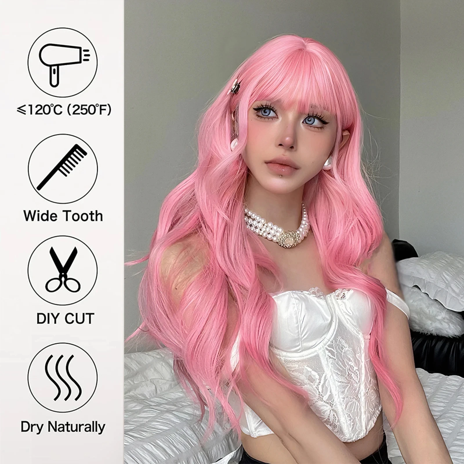 Pink synthetic wig with big waves for Halloween party, cosplay wig, daily wig, high-temperature hair accessory wig set