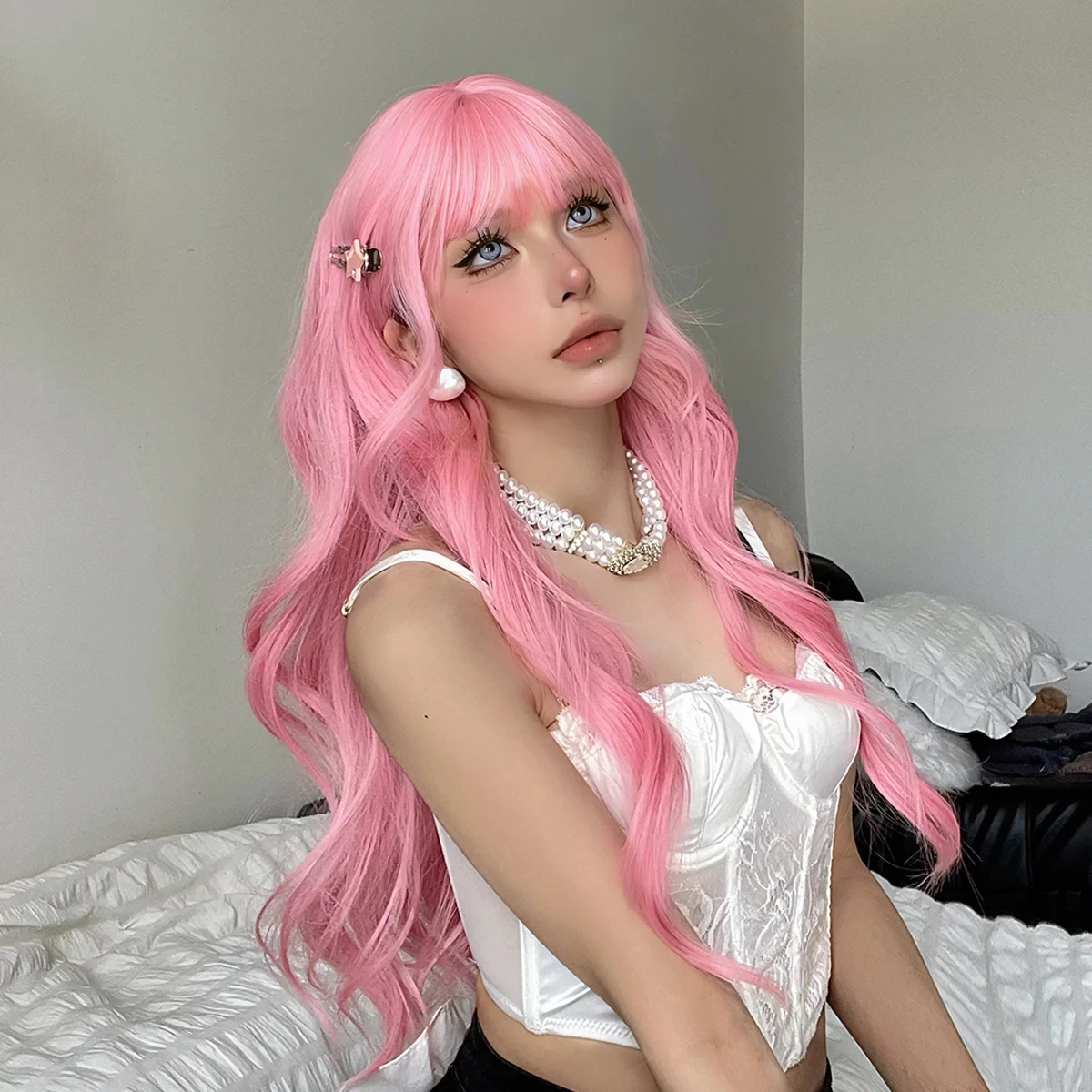 Pink synthetic wig with big waves for Halloween party, cosplay wig, daily wig, high-temperature hair accessory wig set