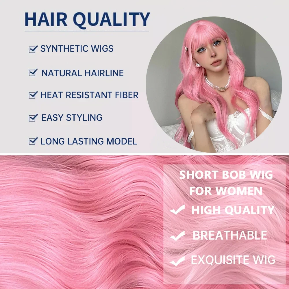 Pink synthetic wig with big waves for Halloween party, cosplay wig, daily wig, high-temperature hair accessory wig set