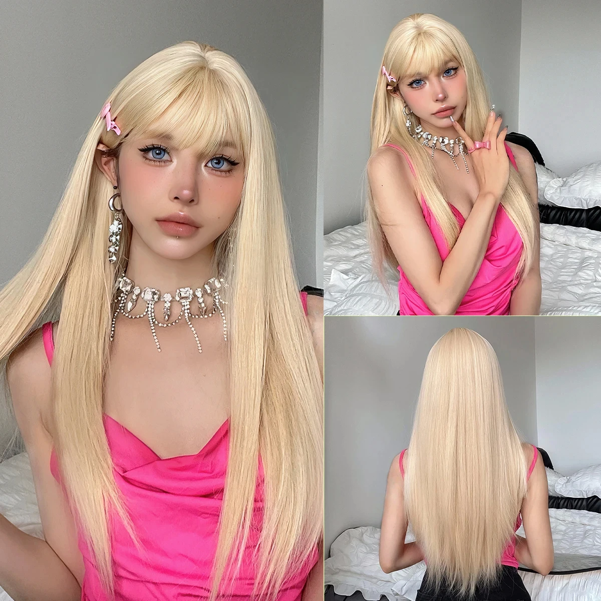 Pink synthetic wig with big waves for Halloween party, cosplay wig, daily wig, high-temperature hair accessory wig set