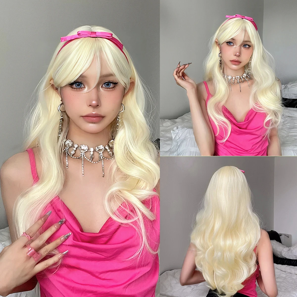 Pink synthetic wig with big waves for Halloween party, cosplay wig, daily wig, high-temperature hair accessory wig set