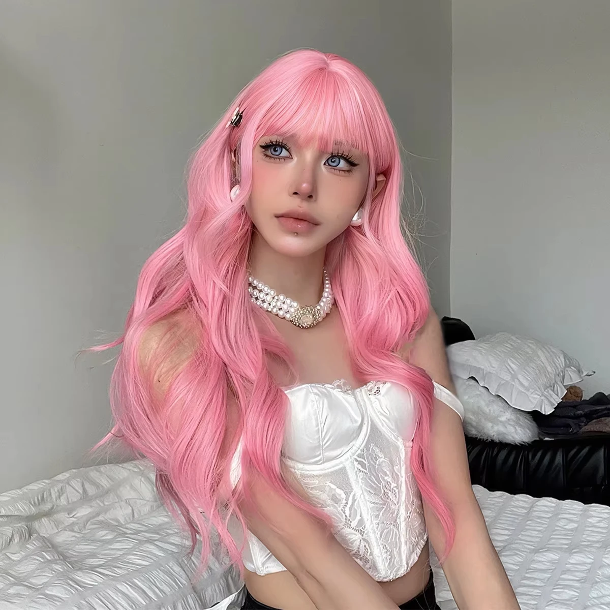 Pink synthetic wig with big waves for Halloween party, cosplay wig, daily wig, high-temperature hair accessory wig set