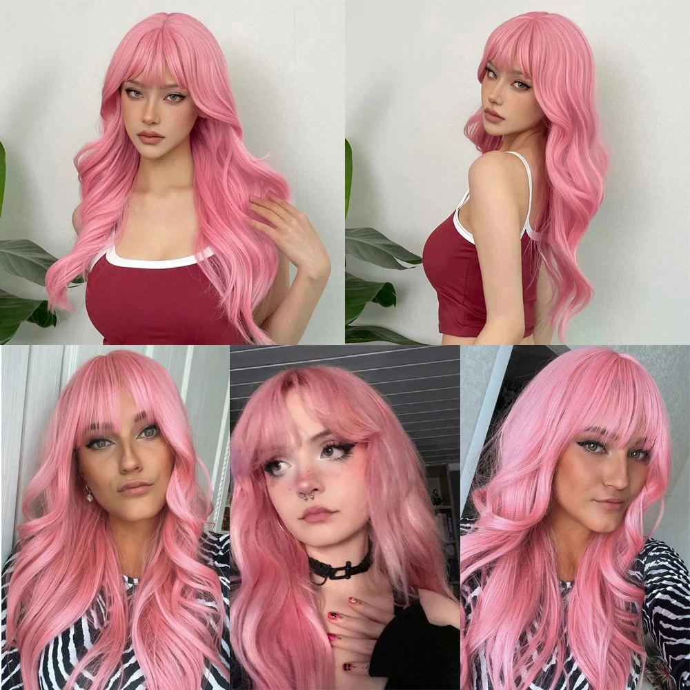 Pink synthetic wig with big waves for Halloween party, cosplay wig, daily wig, high-temperature hair accessory wig set