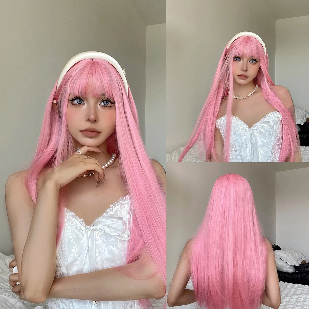 Pink synthetic wig with big waves for Halloween party, cosplay wig, daily wig, high-temperature hair accessory wig set