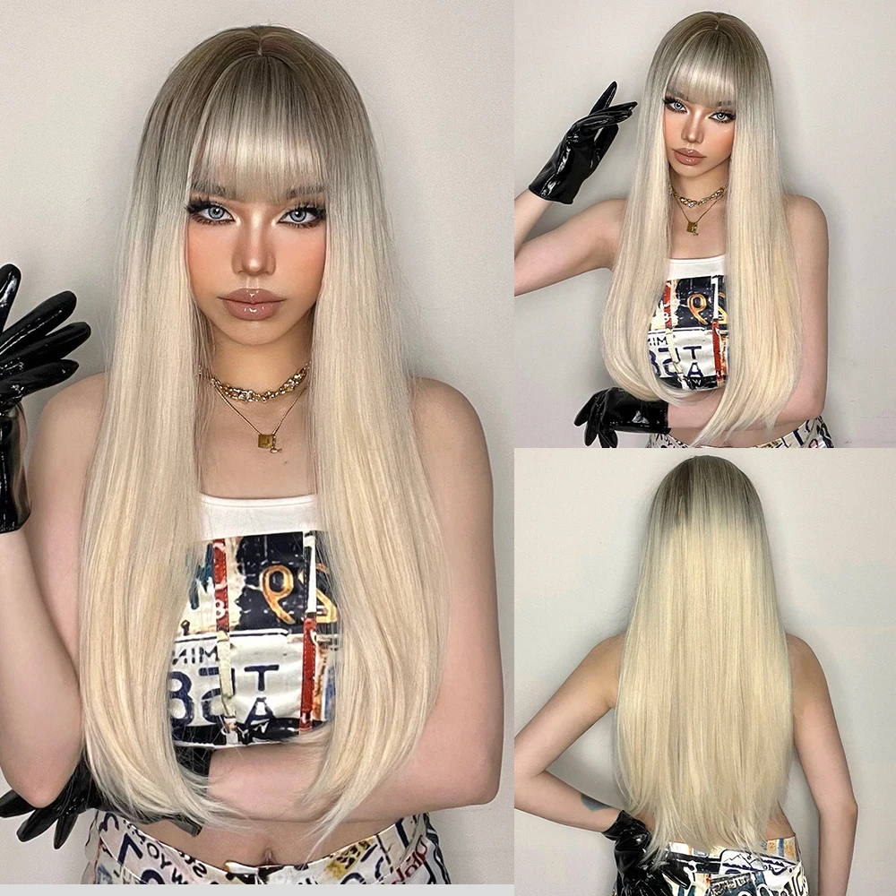 Light Wine Red Synthetic Wigs With Bangs for Women Long Straight Hair Wig Natural Cosplay Party Heat Resistant