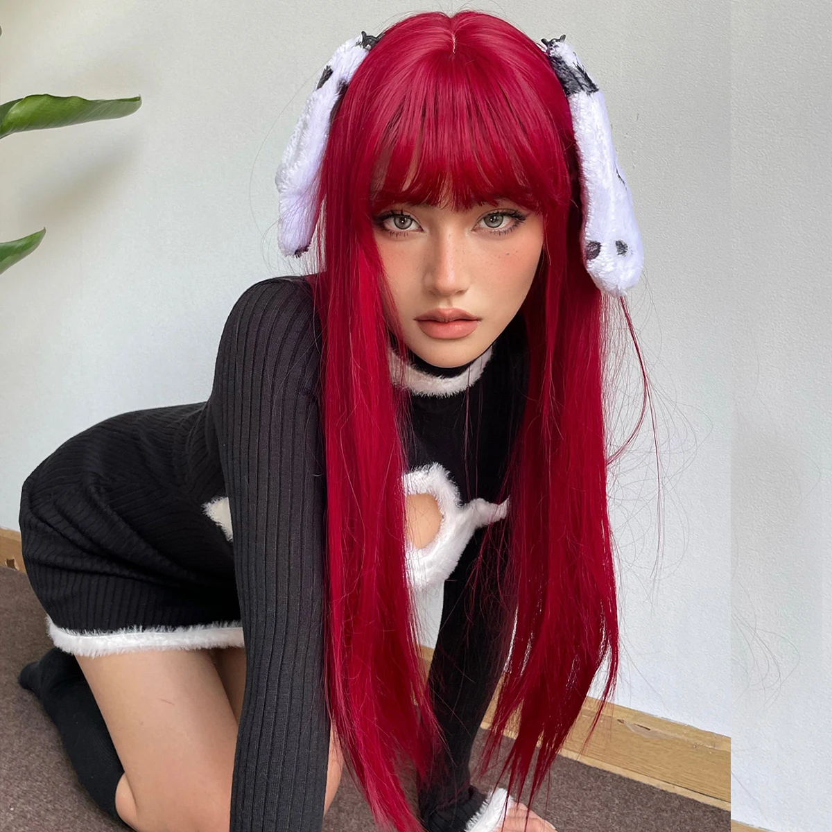 Light Wine Red Synthetic Wigs With Bangs for Women Long Straight Hair Wig Natural Cosplay Party Heat Resistant