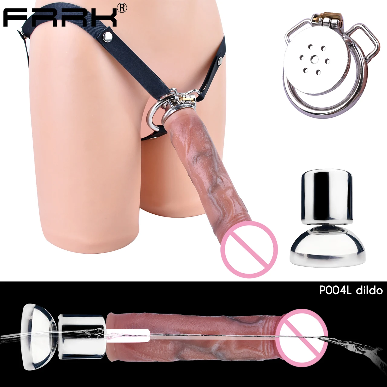 FRRK Inverted Chastity Cage With Large Realistic Dildo Urethral, Detachable Penis Catheter Accessories, BDSM Adult Fetish Toys