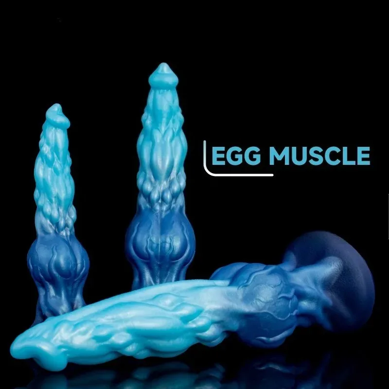 Consolo Egg Muscle monster dildo azul degradê com ventosa, de pé e deitado