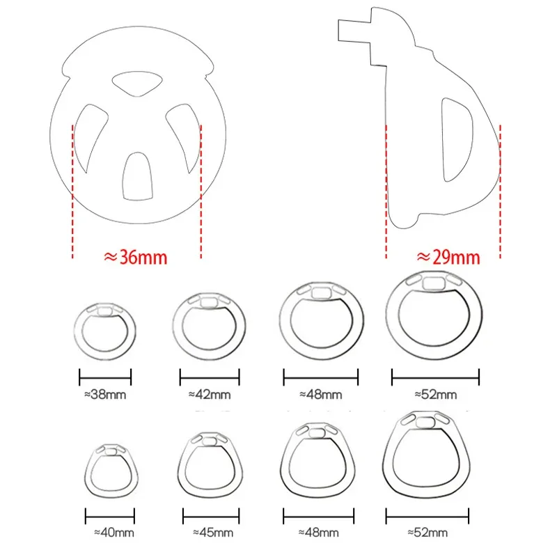 Esquema com as medidas da gaiola, 36 mm de frente e 29 mm de perfil, e os diâmetros dos anéis
