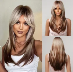 Peruca castanha longa repicada com mechas claras