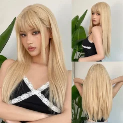 Peruca loira dourada longa com franja