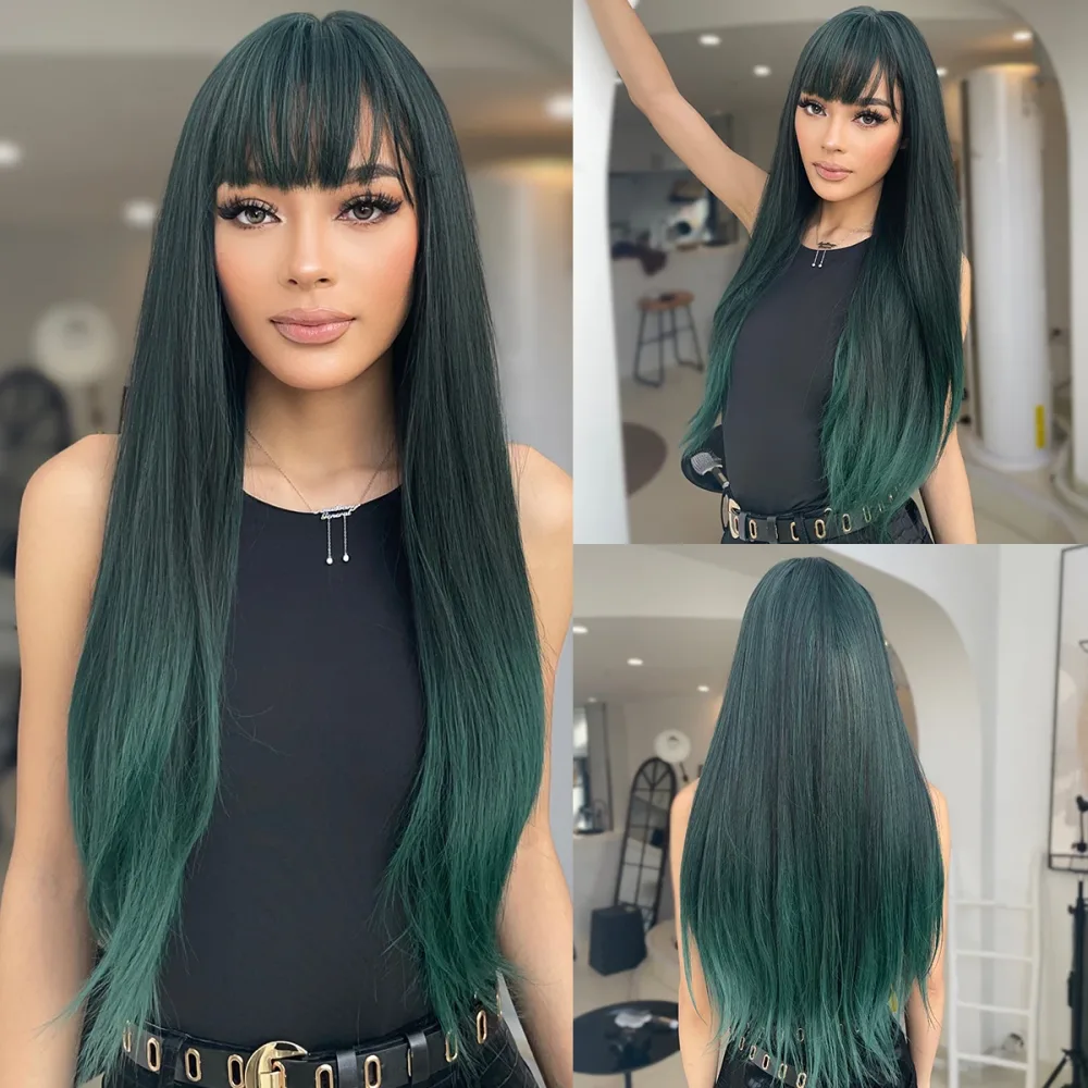 Peruca longa verde escuro com franja em várias poses