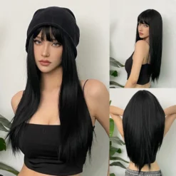 Peruca preta longa lisa com franja