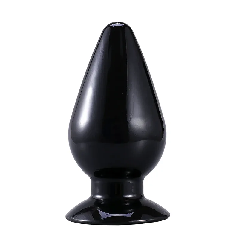 Plug anal cônico de gel macio preto com base em ventosa, visto de frente