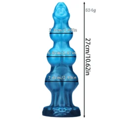 Medidas do plug anal dog knot tamanho G, 27 cm de comprimento e nós de 5,3, 6,8 e 7,6 cm
