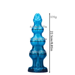Medidas do plug anal dog knot tamanho M, 22,5 cm de comprimento e nós de 4,5, 5,7 e 6,4 cm