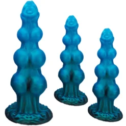 Plug anal dog knot em silicone azul metalizado nos três tamanhos, P, M e G