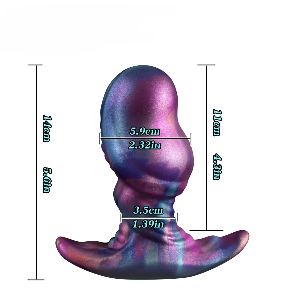 Medidas do plug anal base em T tamanho M, 14 cm de altura, 11 cm inseríveis e cabeça de 5,9 cm