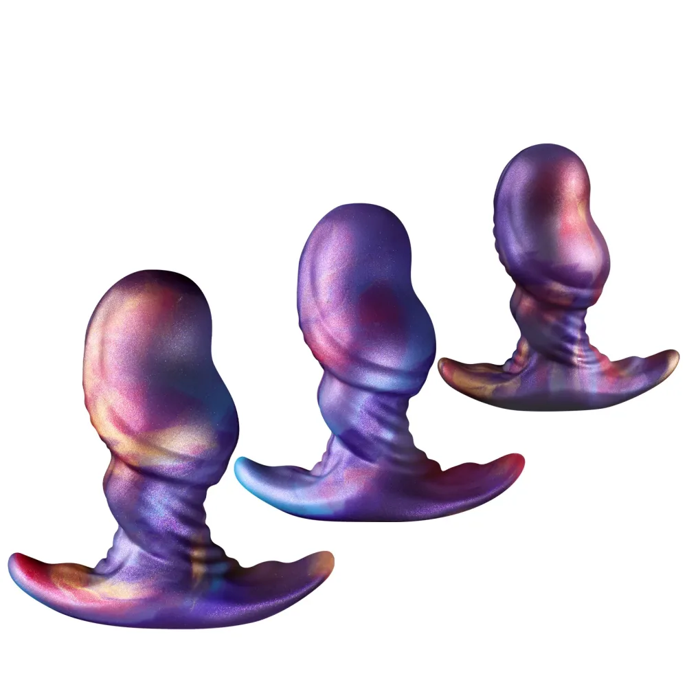 Plug anal com base em T e cabeça de glande em silicone iridescente nos três tamanhos