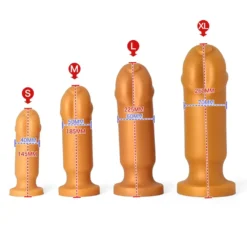 Tabela de medidas do plug anal glande: S 145 mm, M 185 mm, L 225 mm e XL 260 mm de comprimento