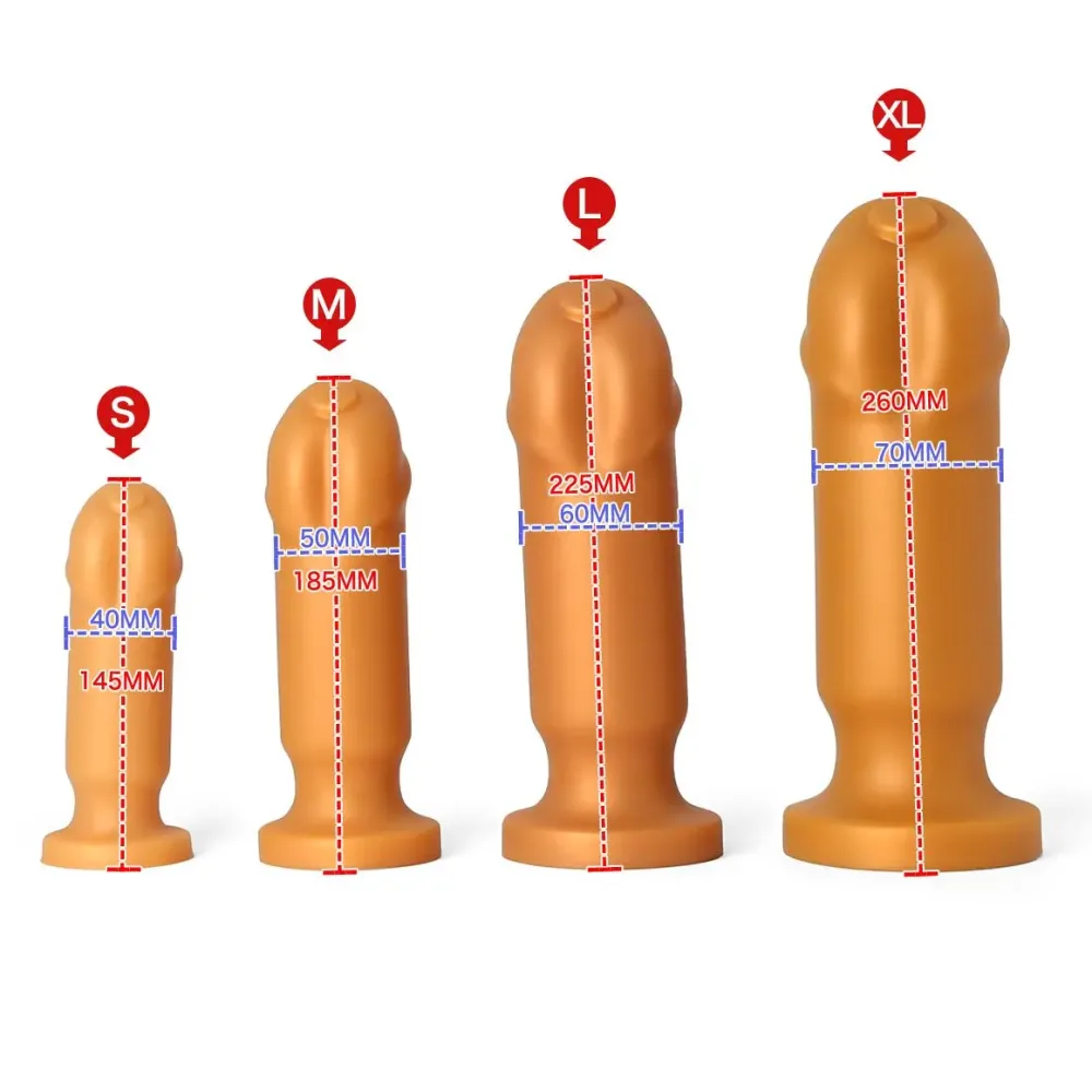Tabela de medidas do plug anal glande: S 145 mm, M 185 mm, L 225 mm e XL 260 mm de comprimento