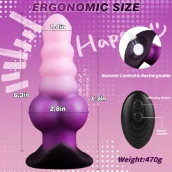 Medidas do plug anal monster: 18,5 cm de comprimento total, 16 cm inseríveis, 7,1 cm de diâmetro máximo e 470 gramas