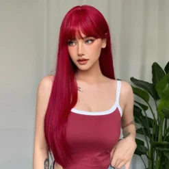 Synthetic wig vermelha lisa com franja de perfil