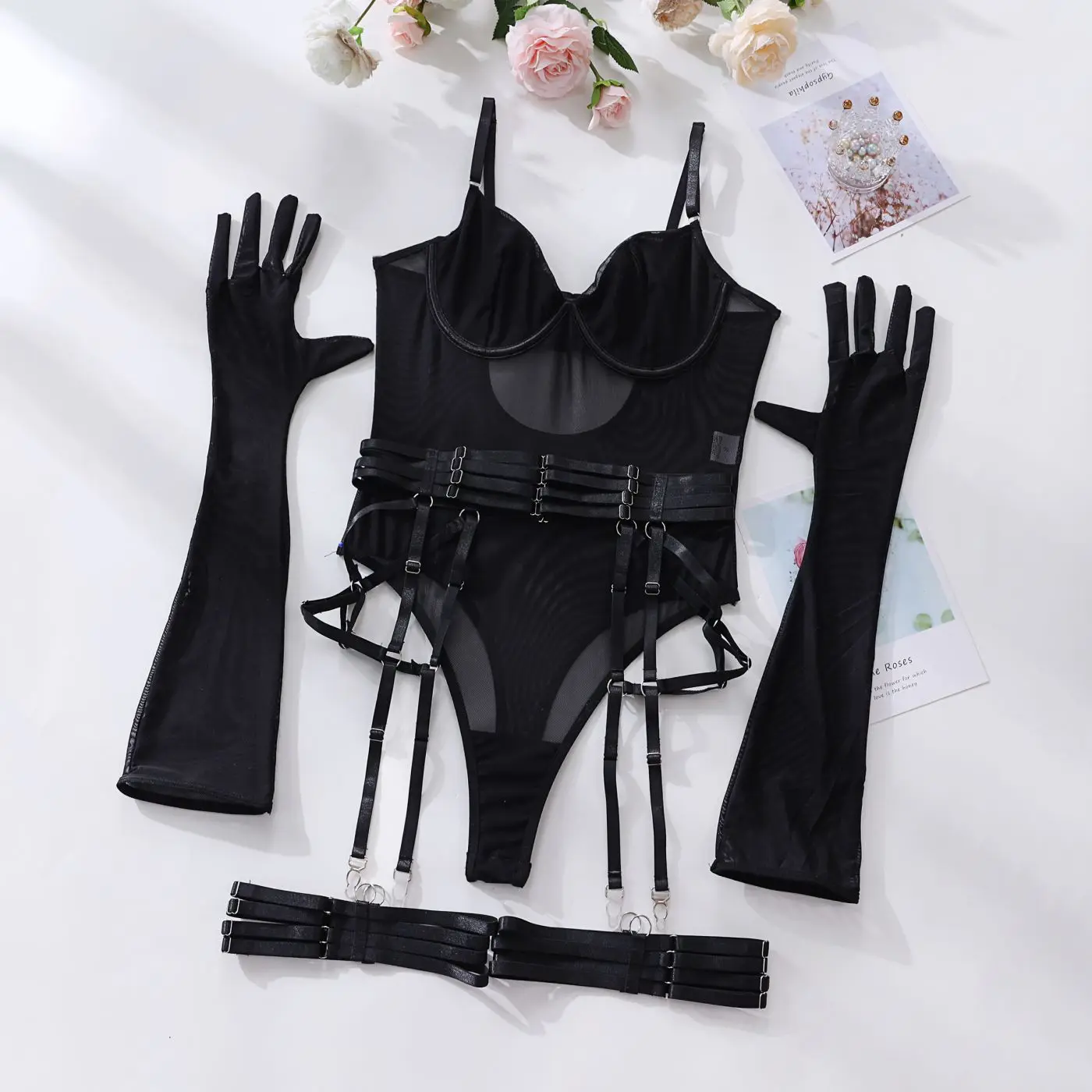 SINGREINY Sensual Sheath Solid Lingerie Rompers Fashion Oversleeve Strapless Slim Playsuits Women Sheer Mesh Sexy Bodysuits