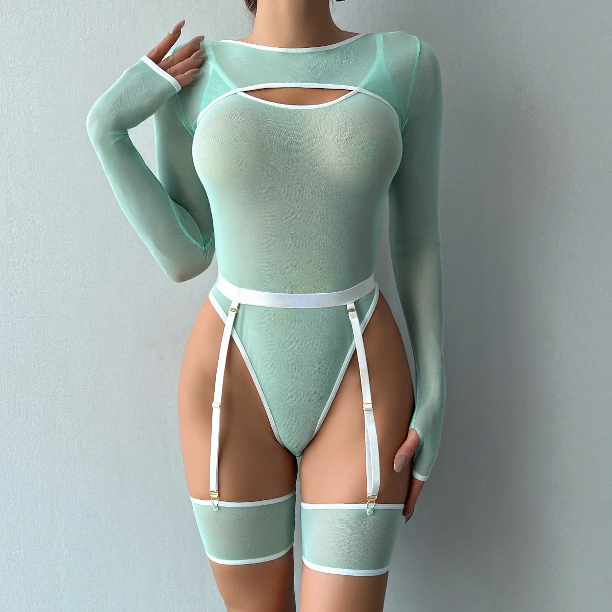 Elastic Mesh Perspective Contrasting Color Outer Cover With Long Sleeves And Camisole Jumpsuit Thin Yarn Bodysuits Women's FPL5