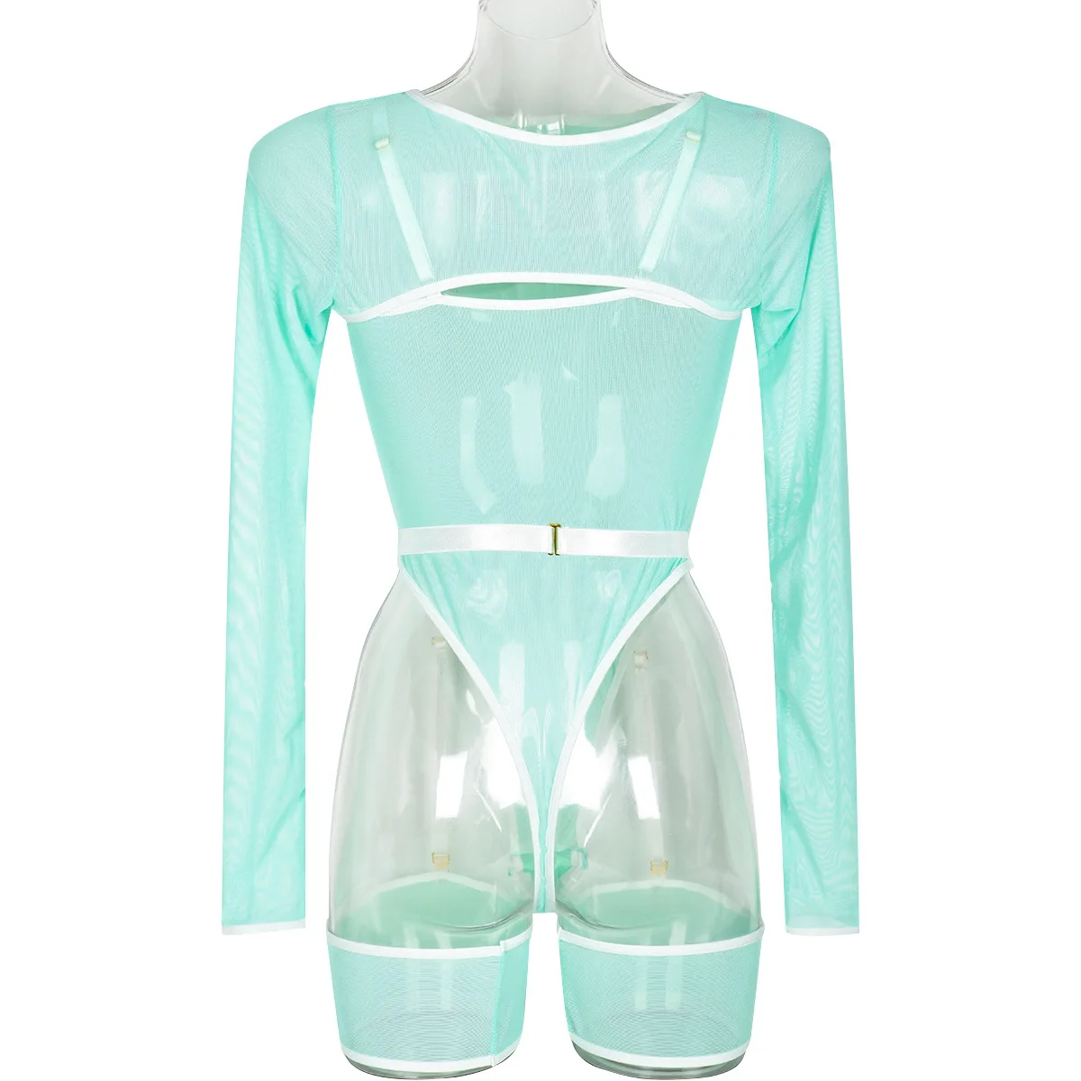 Elastic Mesh Perspective Contrasting Color Outer Cover With Long Sleeves And Camisole Jumpsuit Thin Yarn Bodysuits Women's FPL5