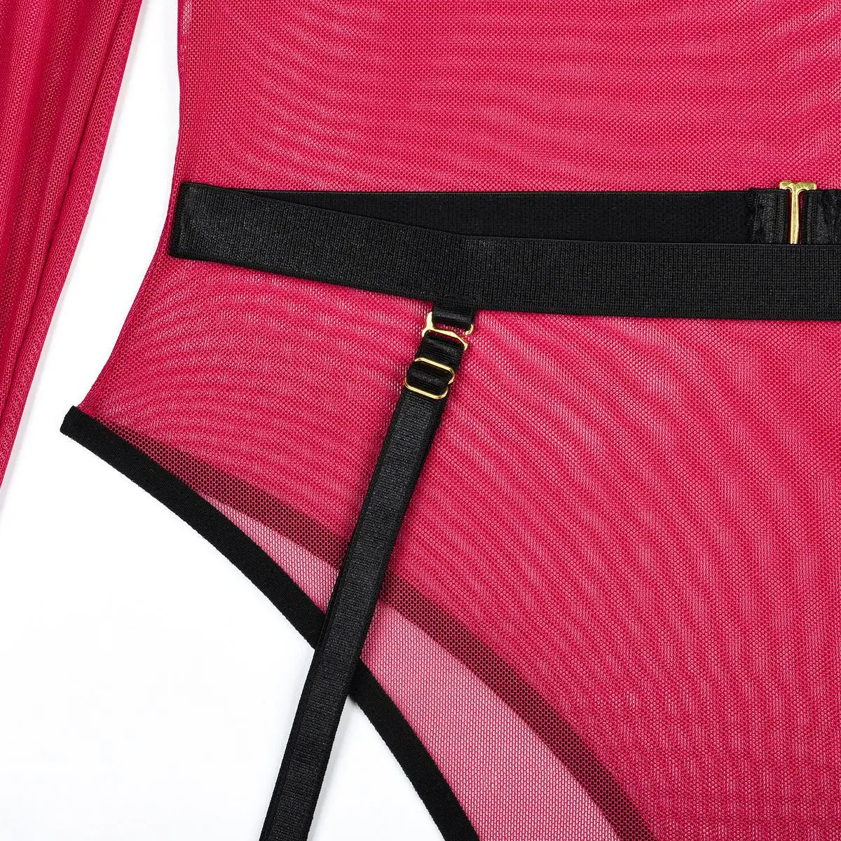 Elastic Mesh Perspective Contrasting Color Outer Cover With Long Sleeves And Camisole Jumpsuit Thin Yarn Bodysuits Women's FPL5