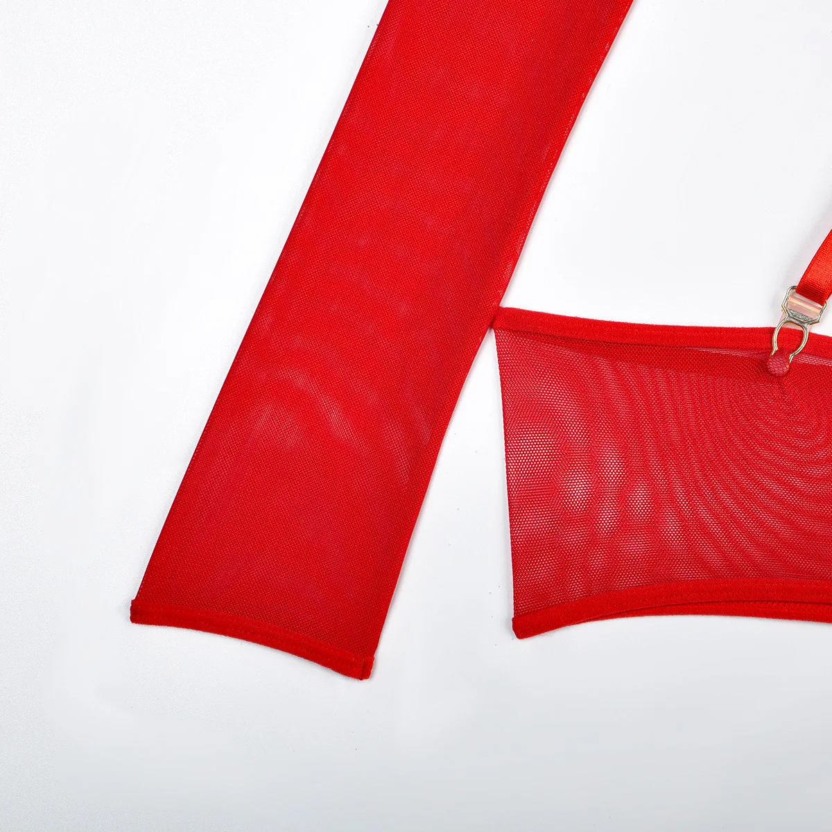 Elastic Mesh Perspective Contrasting Color Outer Cover With Long Sleeves And Camisole Jumpsuit Thin Yarn Bodysuits Women's FPL5