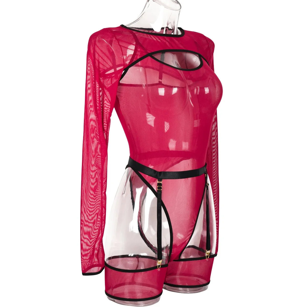 Elastic Mesh Perspective Contrasting Color Outer Cover With Long Sleeves And Camisole Jumpsuit Thin Yarn Bodysuits Women's FPL5