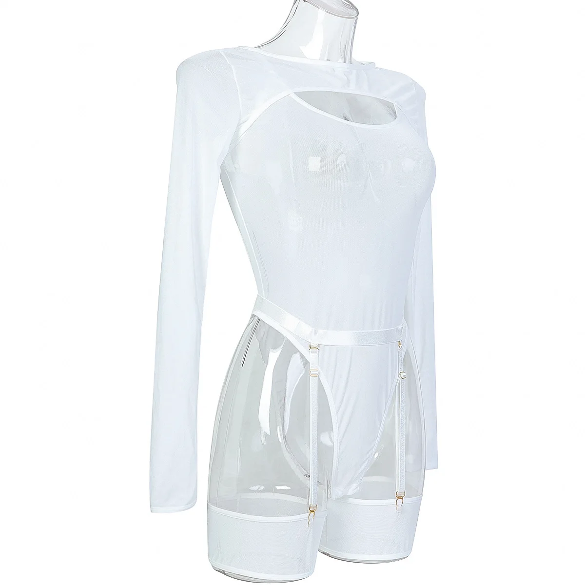 Elastic Mesh Perspective Contrasting Color Outer Cover With Long Sleeves And Camisole Jumpsuit Thin Yarn Bodysuits Women's FPL5