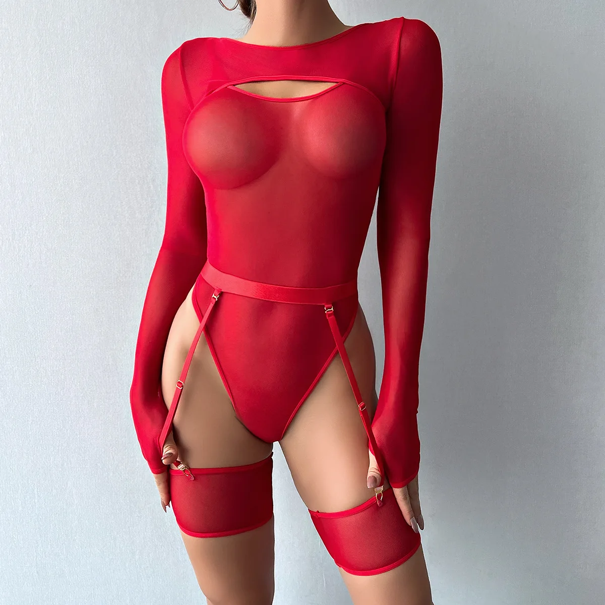 Elastic Mesh Perspective Contrasting Color Outer Cover With Long Sleeves And Camisole Jumpsuit Thin Yarn Bodysuits Women's FPL5