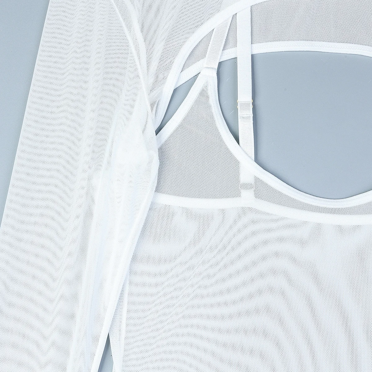 Elastic Mesh Perspective Contrasting Color Outer Cover With Long Sleeves And Camisole Jumpsuit Thin Yarn Bodysuits Women's FPL5