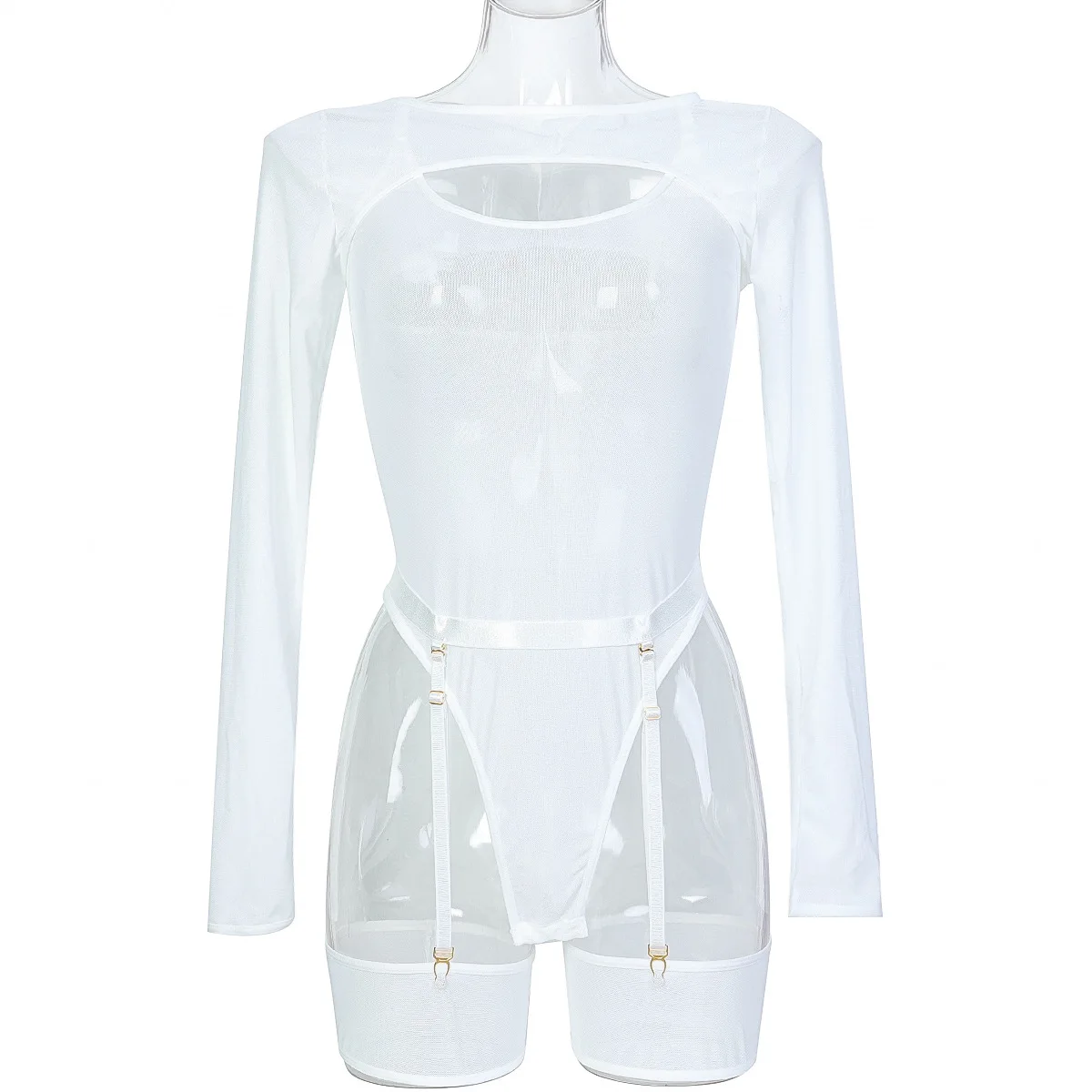 Elastic Mesh Perspective Contrasting Color Outer Cover With Long Sleeves And Camisole Jumpsuit Thin Yarn Bodysuits Women's FPL5