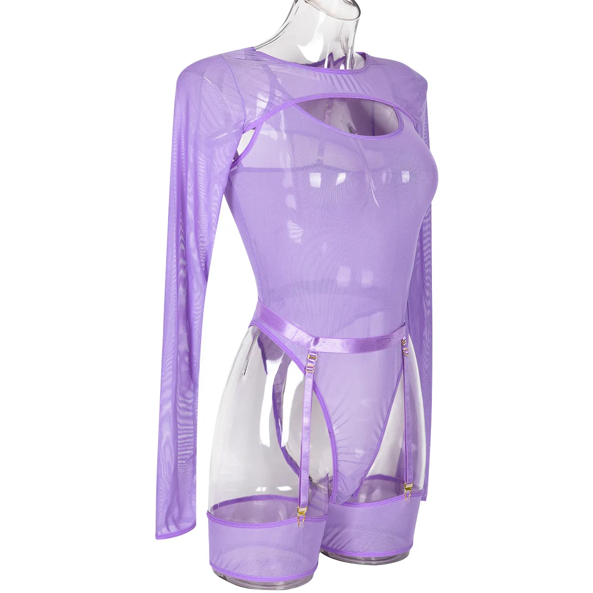 Elastic Mesh Perspective Contrasting Color Outer Cover With Long Sleeves And Camisole Jumpsuit Thin Yarn Bodysuits Women's FPL5