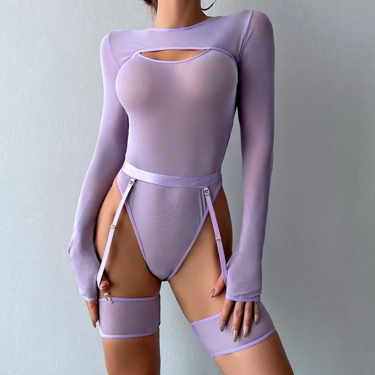 Elastic Mesh Perspective Contrasting Color Outer Cover With Long Sleeves And Camisole Jumpsuit Thin Yarn Bodysuits Women's FPL5