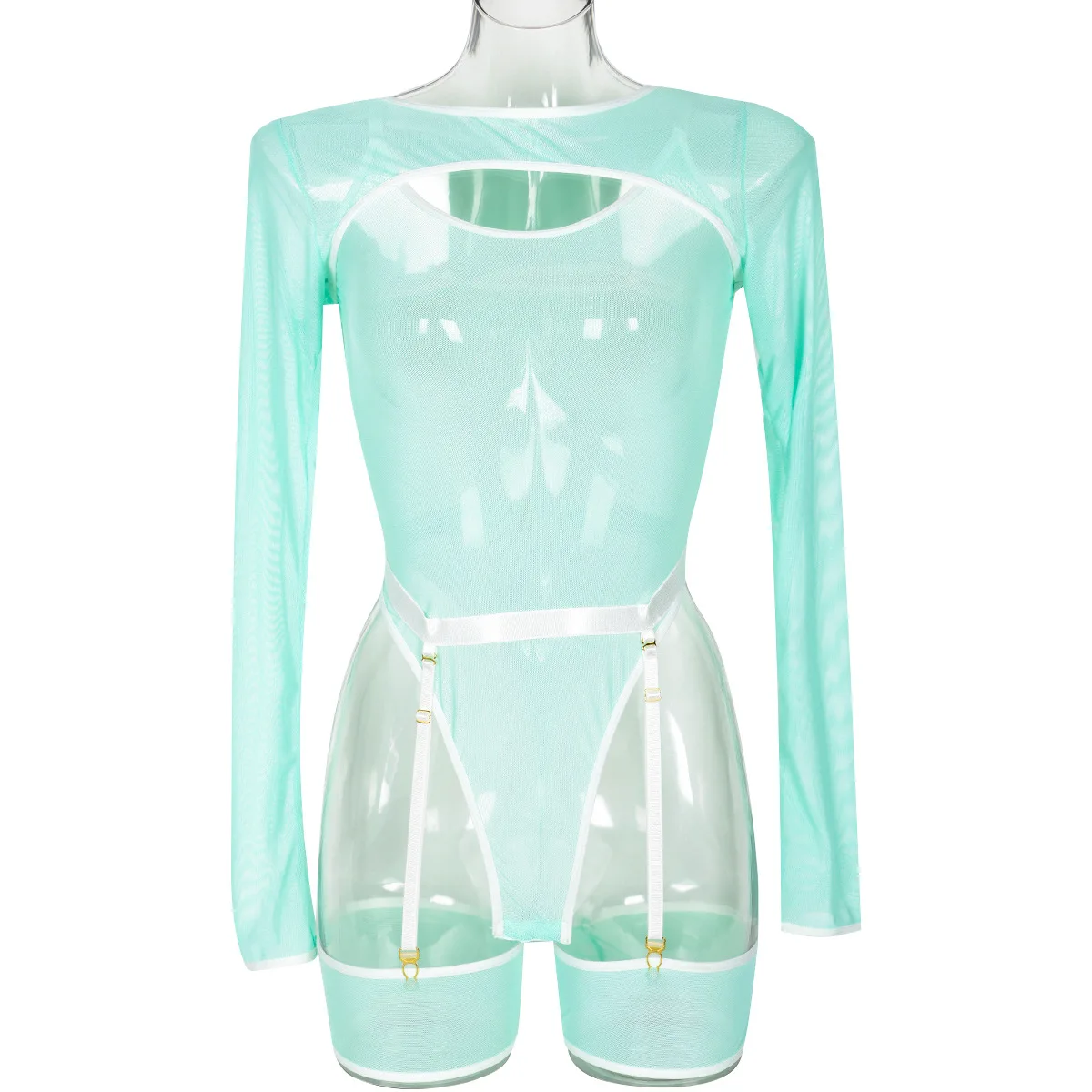 Elastic Mesh Perspective Contrasting Color Outer Cover With Long Sleeves And Camisole Jumpsuit Thin Yarn Bodysuits Women's FPL5