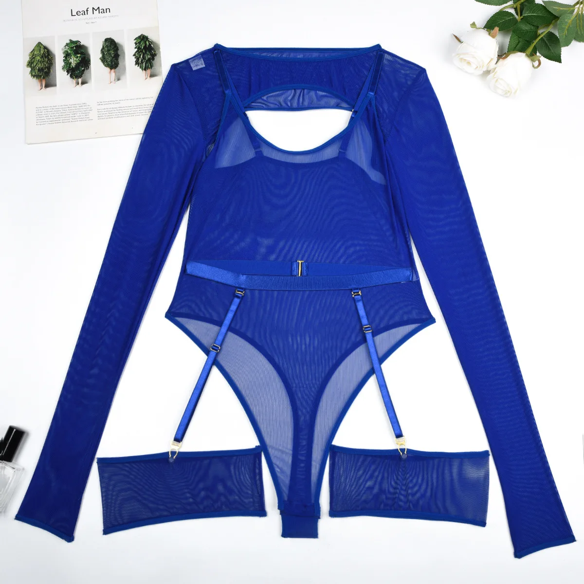 Elastic Mesh Perspective Contrasting Color Outer Cover With Long Sleeves And Camisole Jumpsuit Thin Yarn Bodysuits Women's FPL5