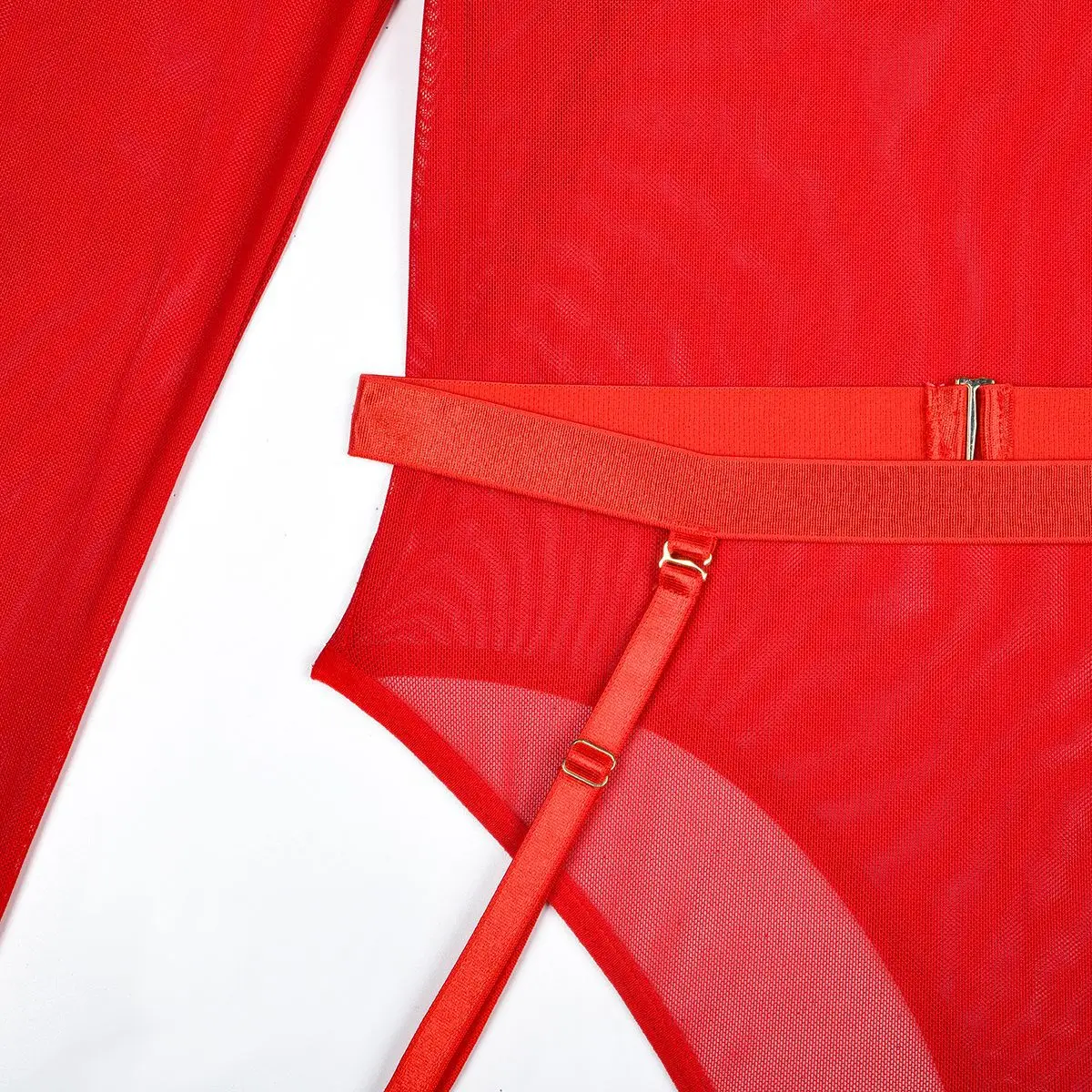 Elastic Mesh Perspective Contrasting Color Outer Cover With Long Sleeves And Camisole Jumpsuit Thin Yarn Bodysuits Women's FPL5