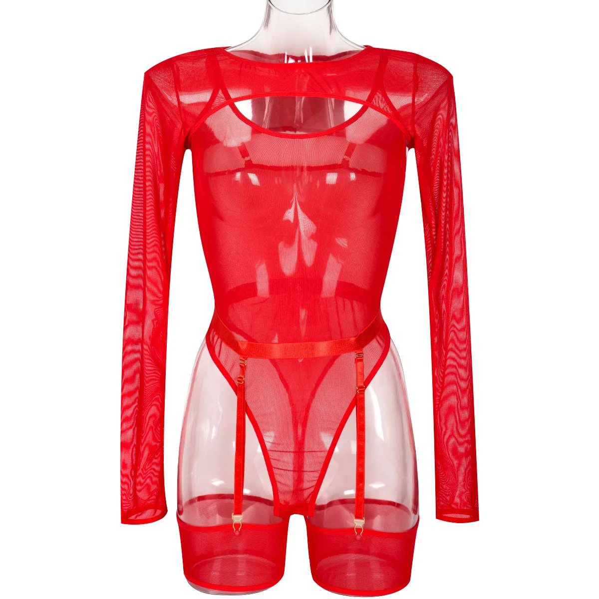 Elastic Mesh Perspective Contrasting Color Outer Cover With Long Sleeves And Camisole Jumpsuit Thin Yarn Bodysuits Women's FPL5