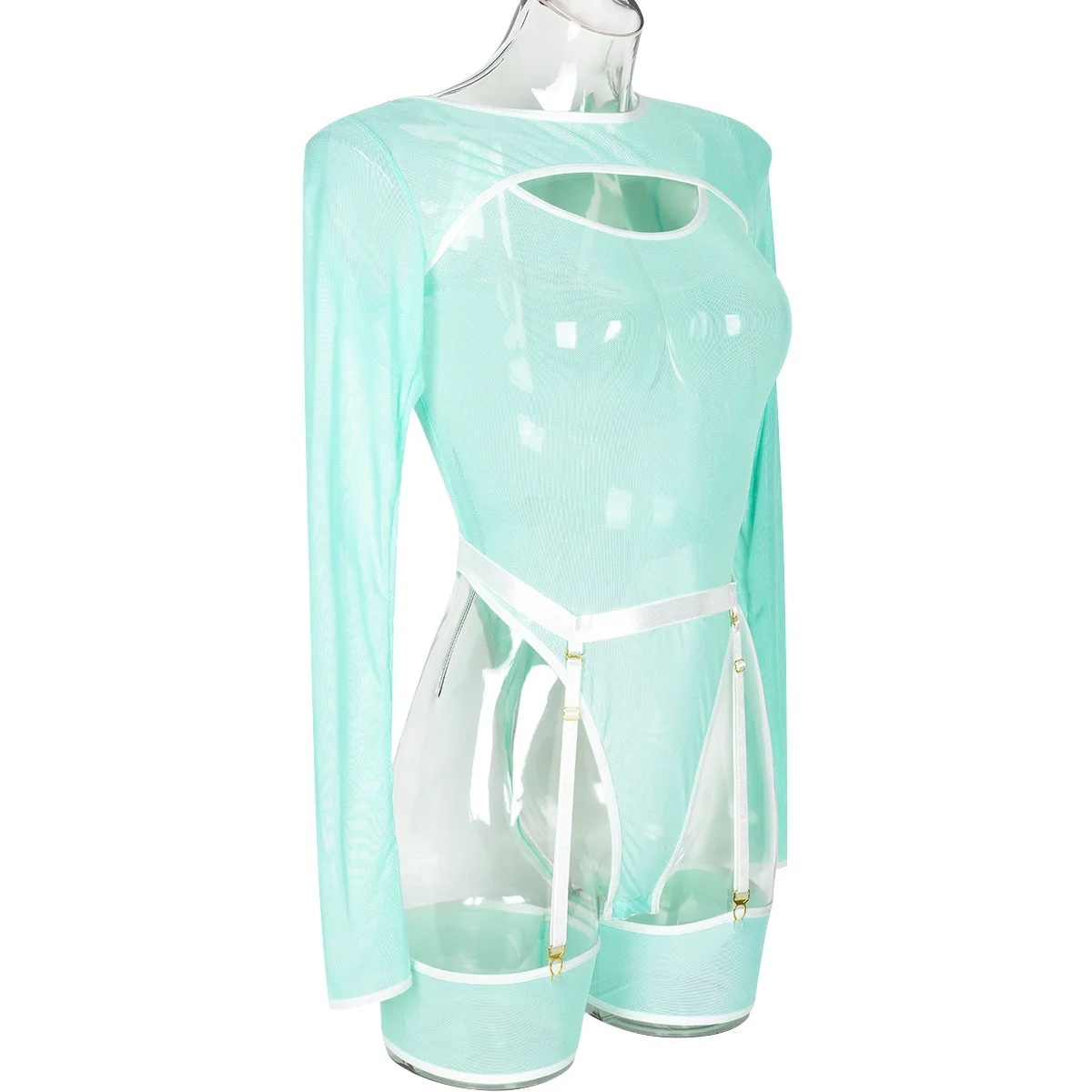 Elastic Mesh Perspective Contrasting Color Outer Cover With Long Sleeves And Camisole Jumpsuit Thin Yarn Bodysuits Women's FPL5