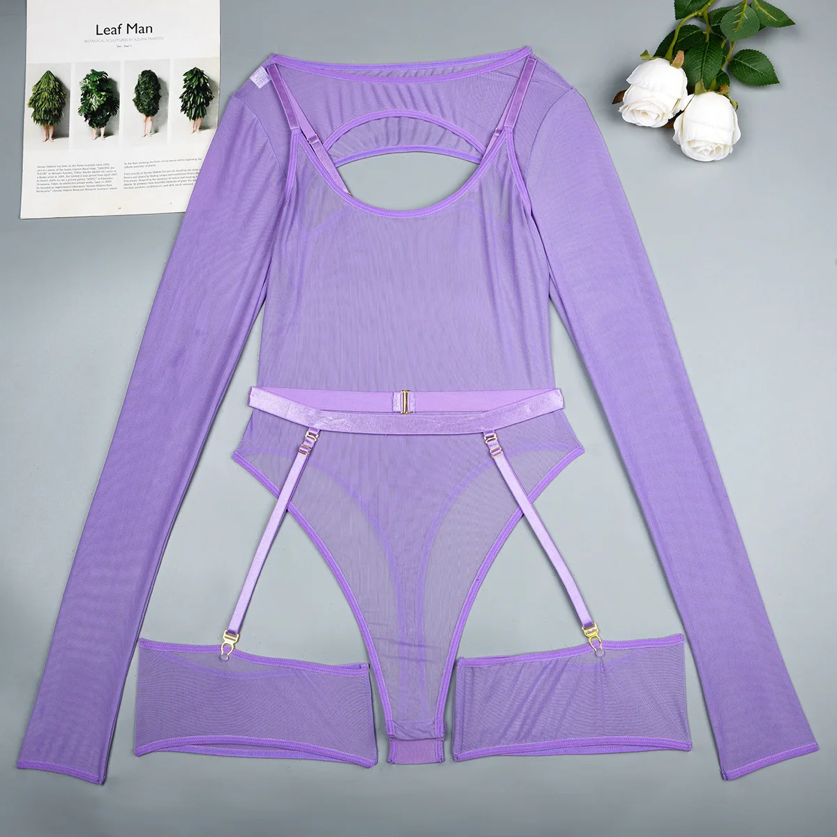 Elastic Mesh Perspective Contrasting Color Outer Cover With Long Sleeves And Camisole Jumpsuit Thin Yarn Bodysuits Women's FPL5