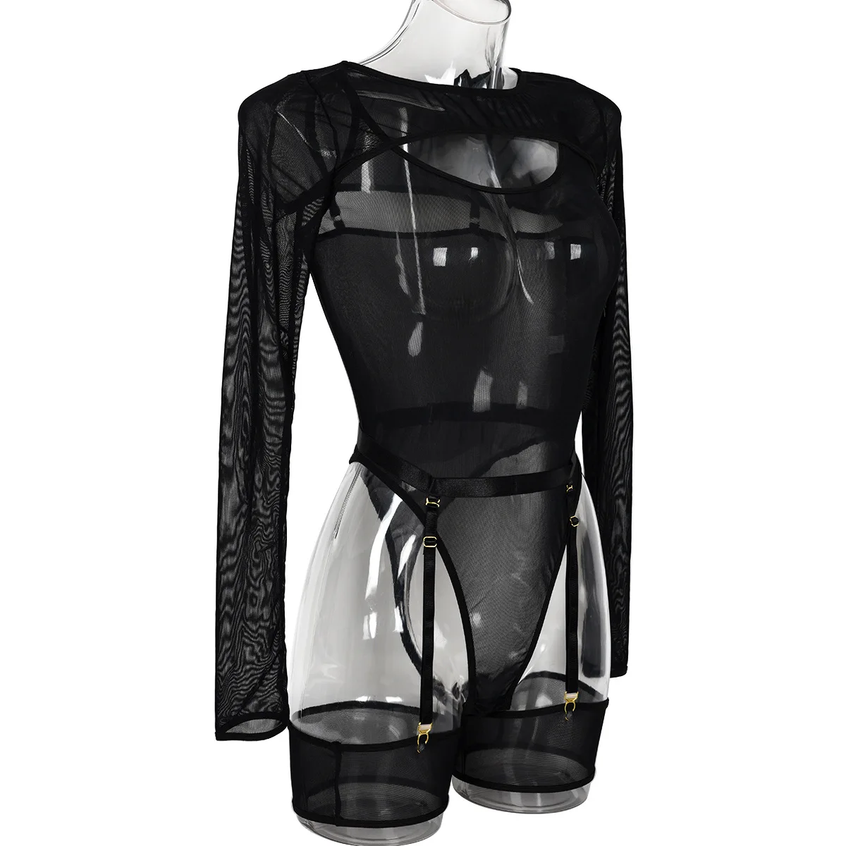 Elastic Mesh Perspective Contrasting Color Outer Cover With Long Sleeves And Camisole Jumpsuit Thin Yarn Bodysuits Women's FPL5