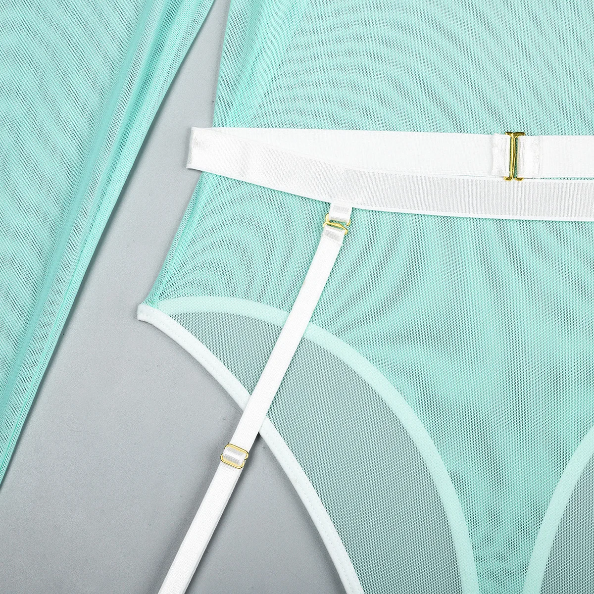 Elastic Mesh Perspective Contrasting Color Outer Cover With Long Sleeves And Camisole Jumpsuit Thin Yarn Bodysuits Women's FPL5