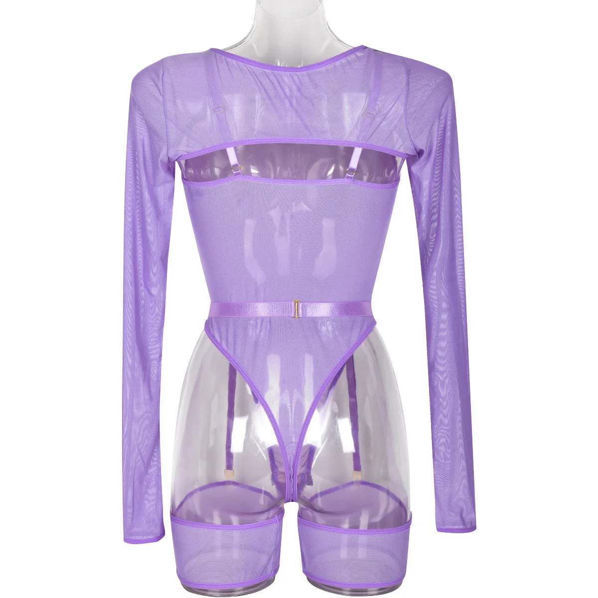 Elastic Mesh Perspective Contrasting Color Outer Cover With Long Sleeves And Camisole Jumpsuit Thin Yarn Bodysuits Women's FPL5