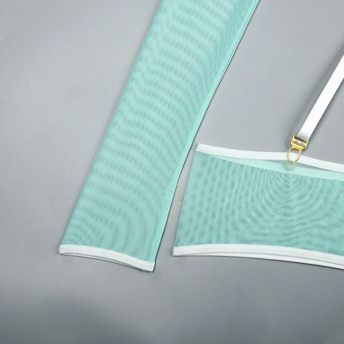 Elastic Mesh Perspective Contrasting Color Outer Cover With Long Sleeves And Camisole Jumpsuit Thin Yarn Bodysuits Women's FPL5