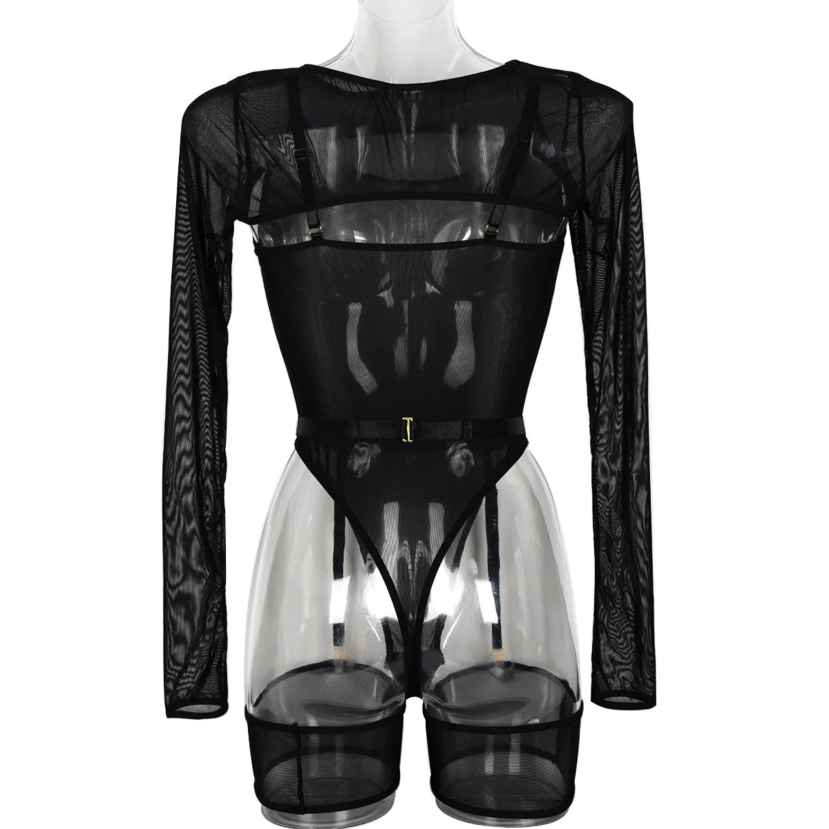 Elastic Mesh Perspective Contrasting Color Outer Cover With Long Sleeves And Camisole Jumpsuit Thin Yarn Bodysuits Women's FPL5